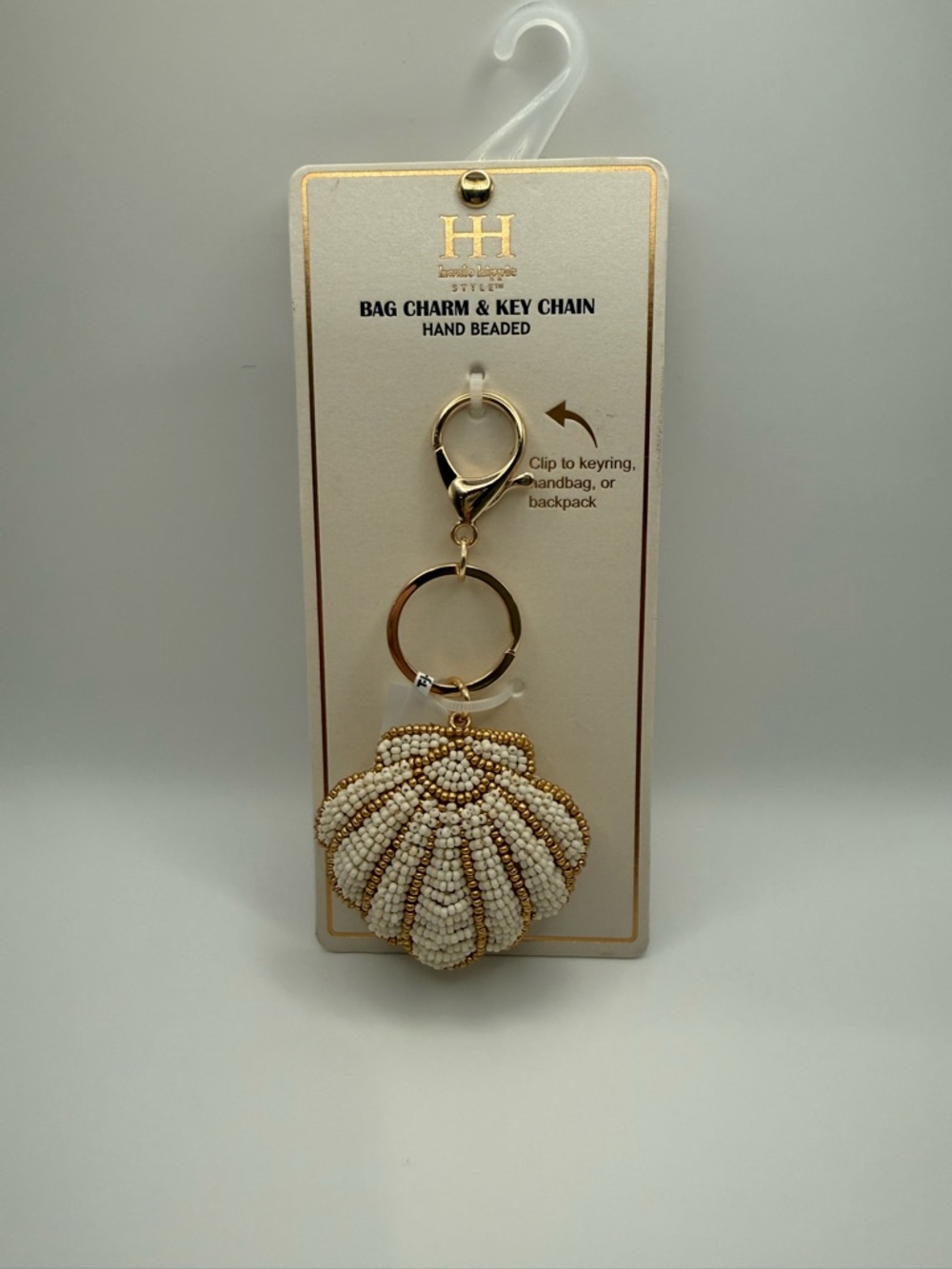 Haute Hippie White & Gold Beaded Shell Bag Charm Key Chain TJ Maxx Marshall’s